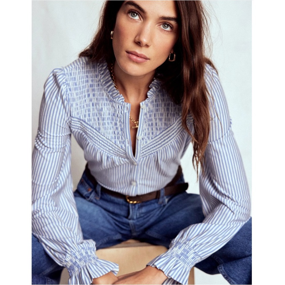 Boden Smocked Yoke Stretch Jersey Stripe Blue White Button Up Blouse Shirt sz 12